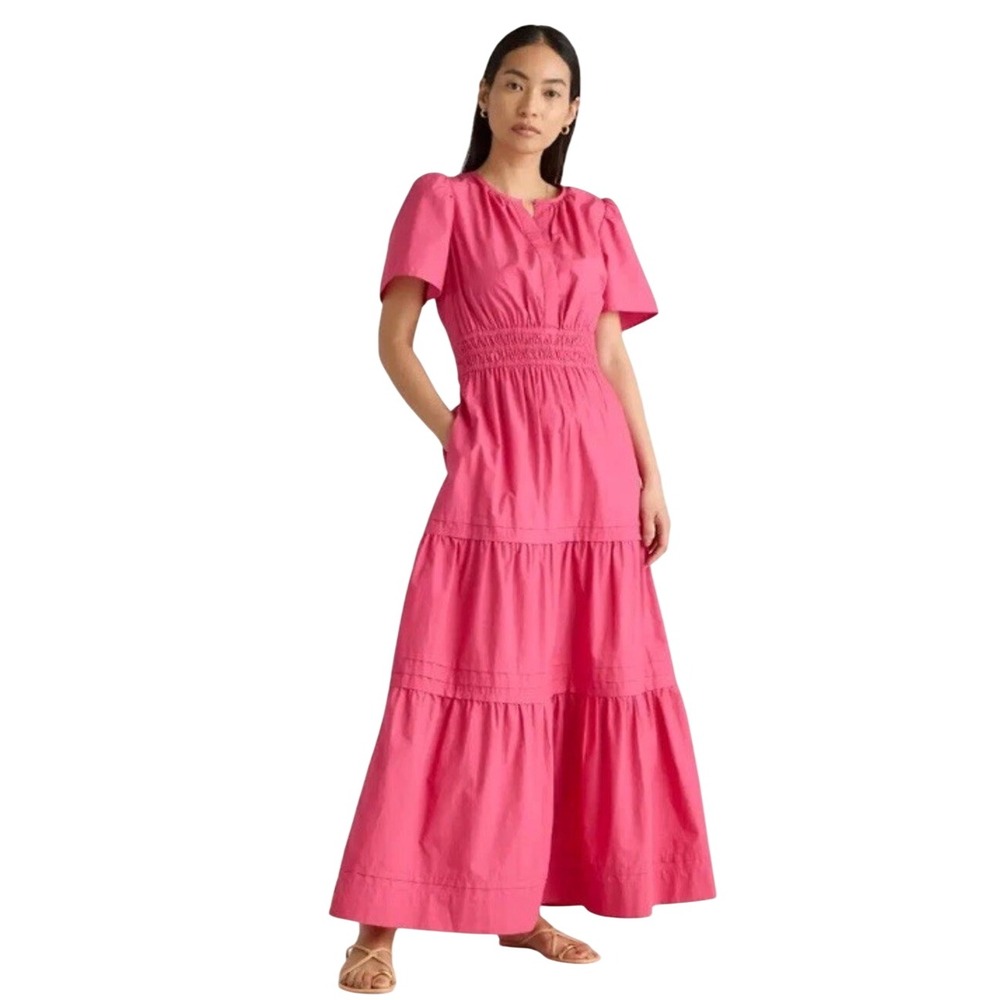 Quince 100% Organic Cotton Tiered Maxi Ruffled Dress Lipstick Pink XL